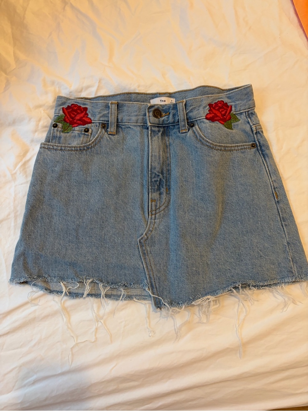 TNA Light Blue Denim Mini Skirt with Red Rose Embroidery